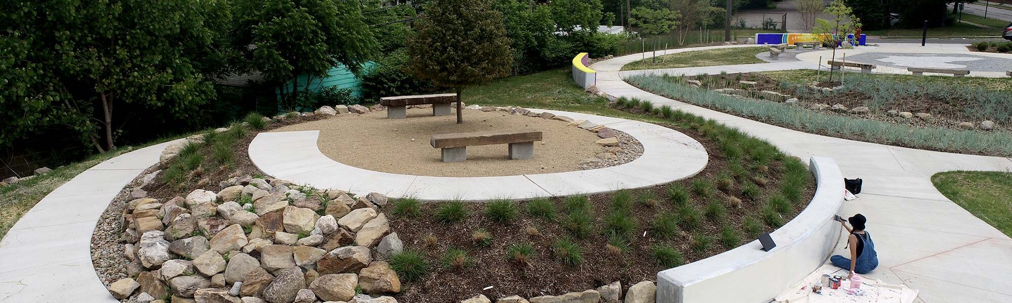 Aerial view of a pedestrian walkway with handpainted accents