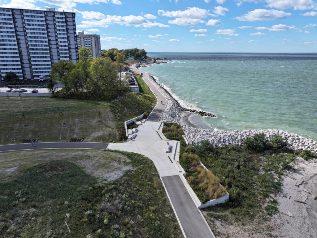 Aerial view of a water-side walkway