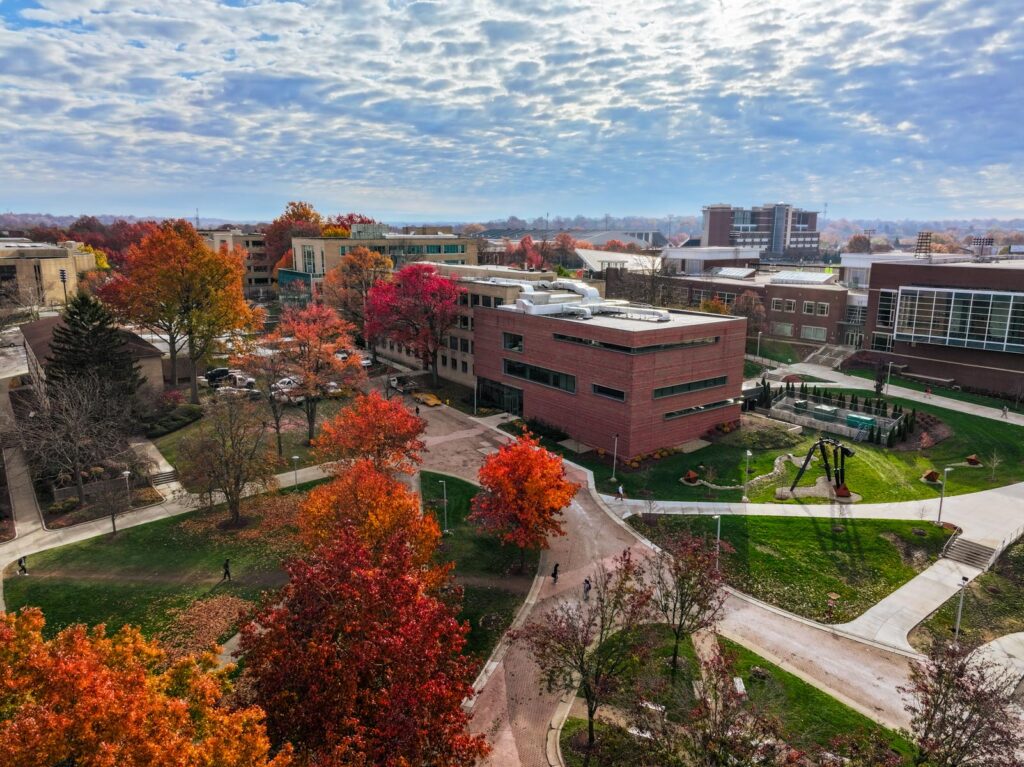 Campus on fall with beautiful trees and well-designed buildings