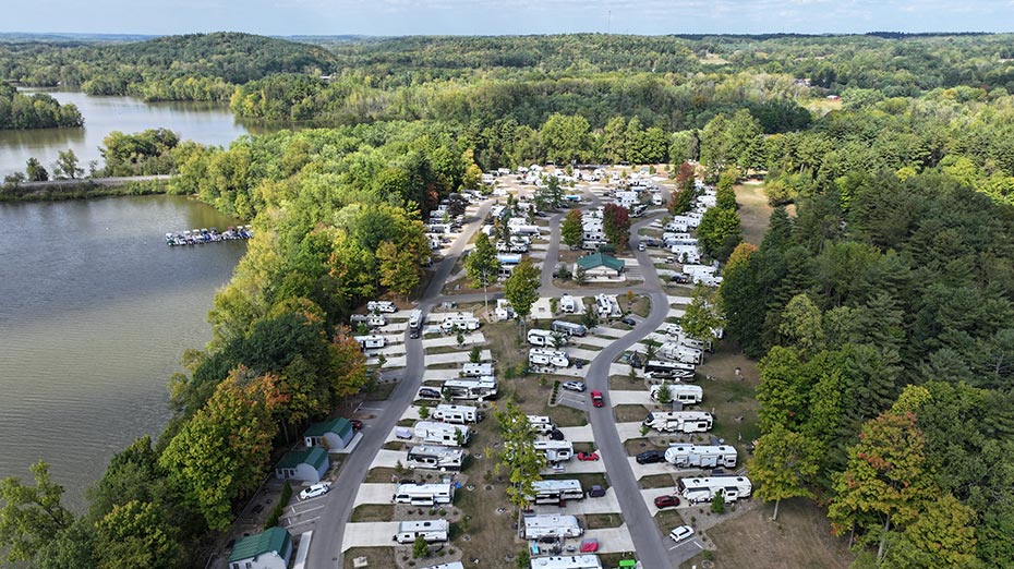 Aerial view of a campground with RVs and trees