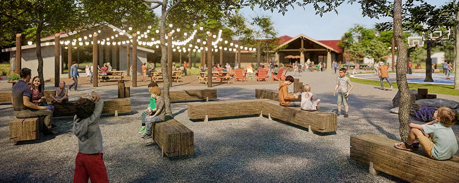 Rendering of a campground with children playing