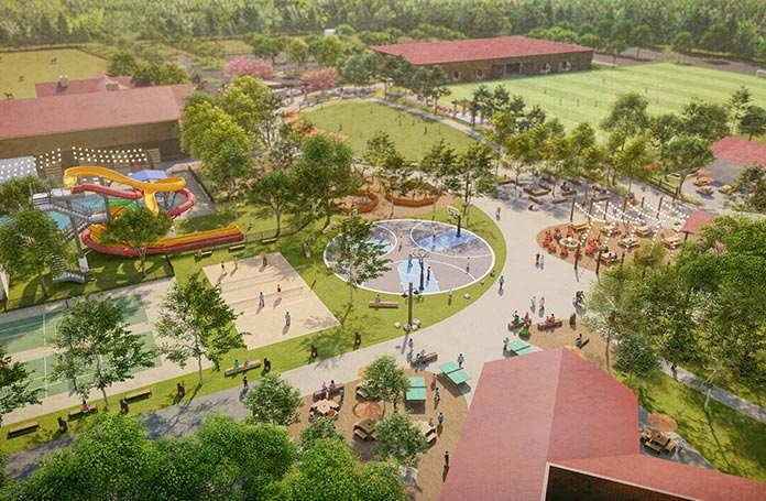 Rendering of a campground with activities everywhere