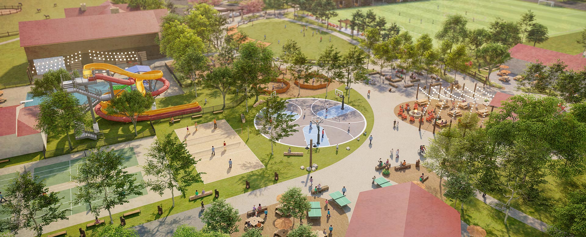 Rendering of a campground with activities everywhere