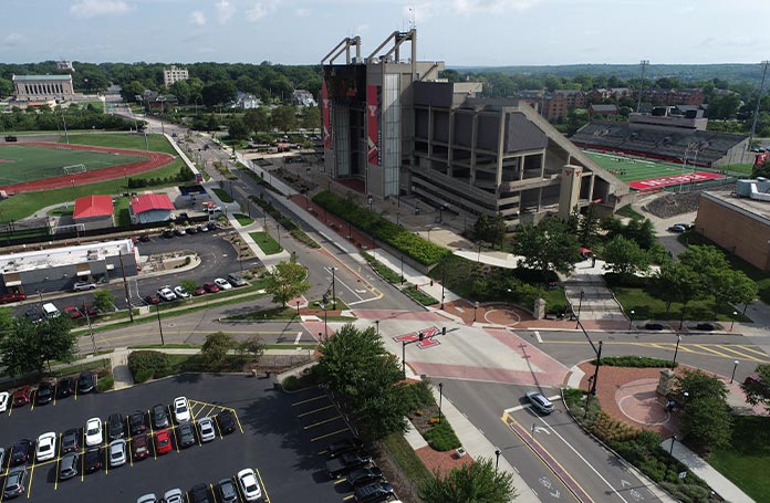 Aerial view of a four way intersection with crosswalks on every side and the Youngstown State logo in the middle