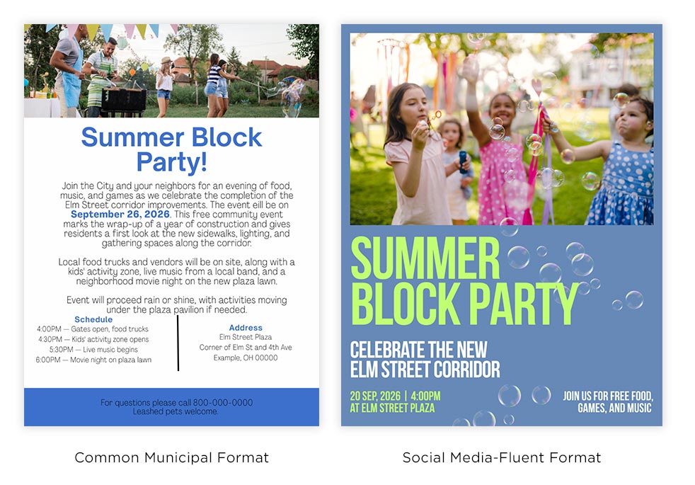 Side by side comparison of a basic flyer vs. a well-designed flyer.